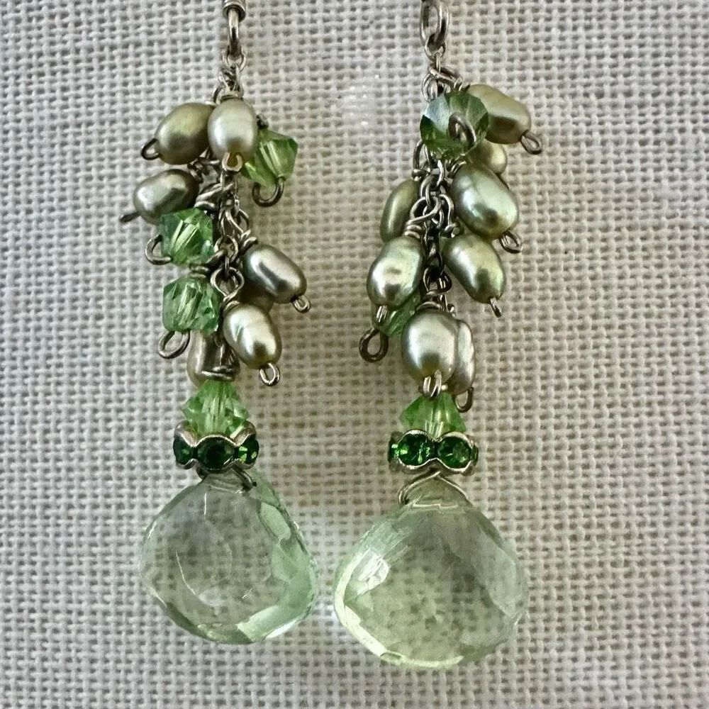 Sterling Silver Green crystal  & Pearl Dangle Earrings